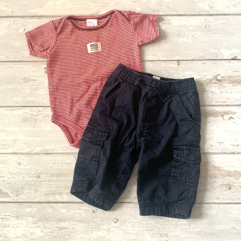 BabyGap 3-6m Outfit Navy Blue Cargo Pants Red White Stripe Onesie 3m 6m Baby Gap